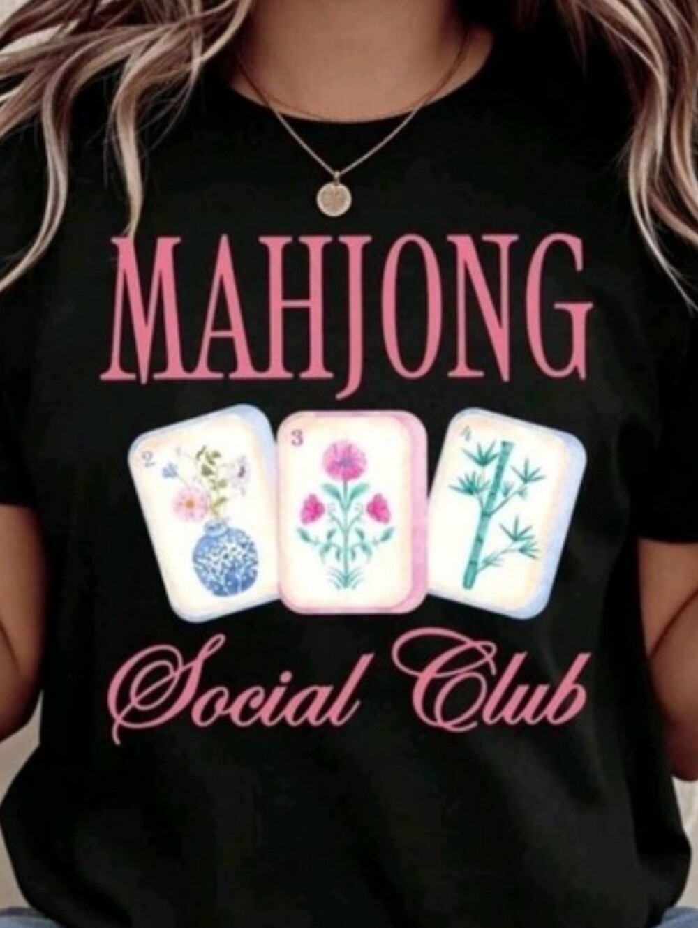 Small Mahjong Social Club Graphic Tee - Black with Pink Print